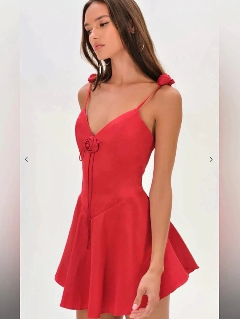 For Love and Lemons Orsa Red mini dress with rosette straps.